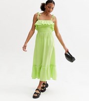 New Look Light Green Linen-Look Shirred Frill Strappy Tiered Midi Dress